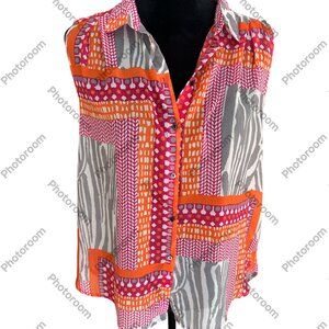 H&M Size 8 Bright Pink & Orange Mixed Pattern Sheer Sleeveless Button Blouse
